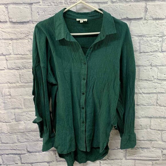Umgee Shirt Womens Small Green Oversized Tunic Button Down Ruffle‎ Open Sleeve - Picture 1 of 5